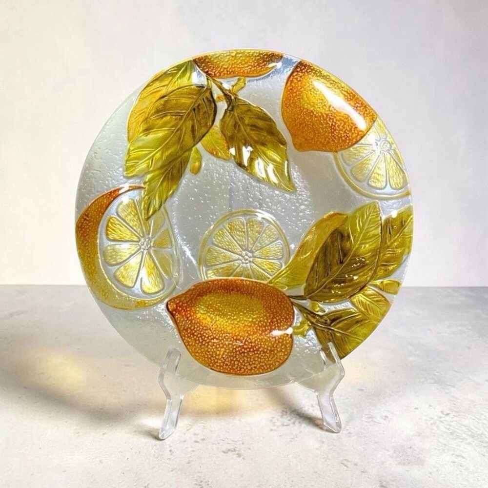 VTG Italian Glass Lemon Bowl 14 1/4” Hand Painted Gold Citrus Art Glass Decor